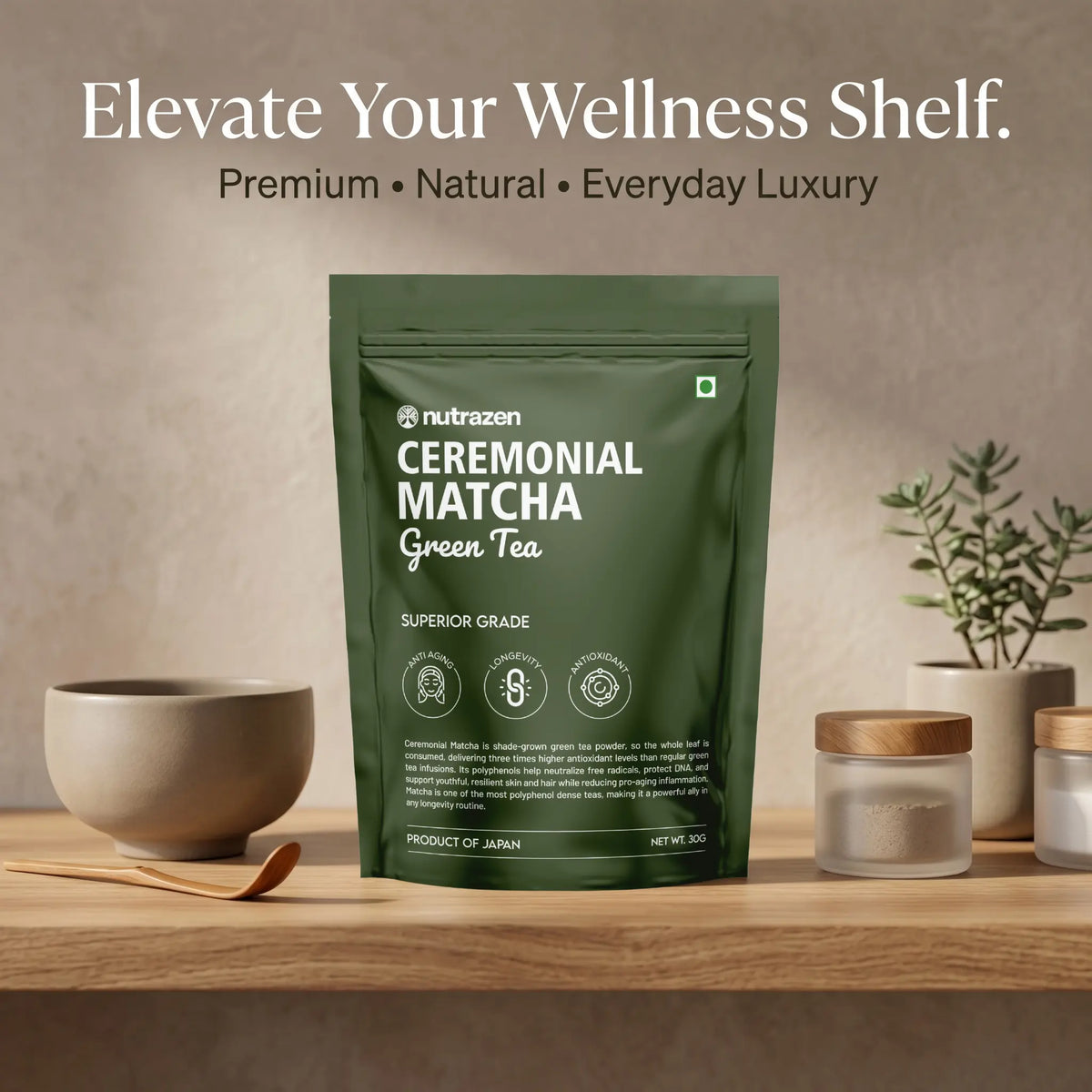 Green package of Nutrazen Ceremonial Matcha Green Tea on a wooden shelf with decor items.