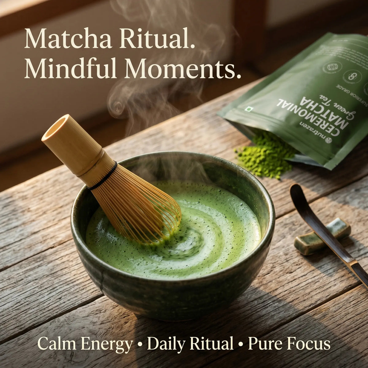 Matcha green tea ritual with a bowl, whisk, and packaging on a wooden surface.