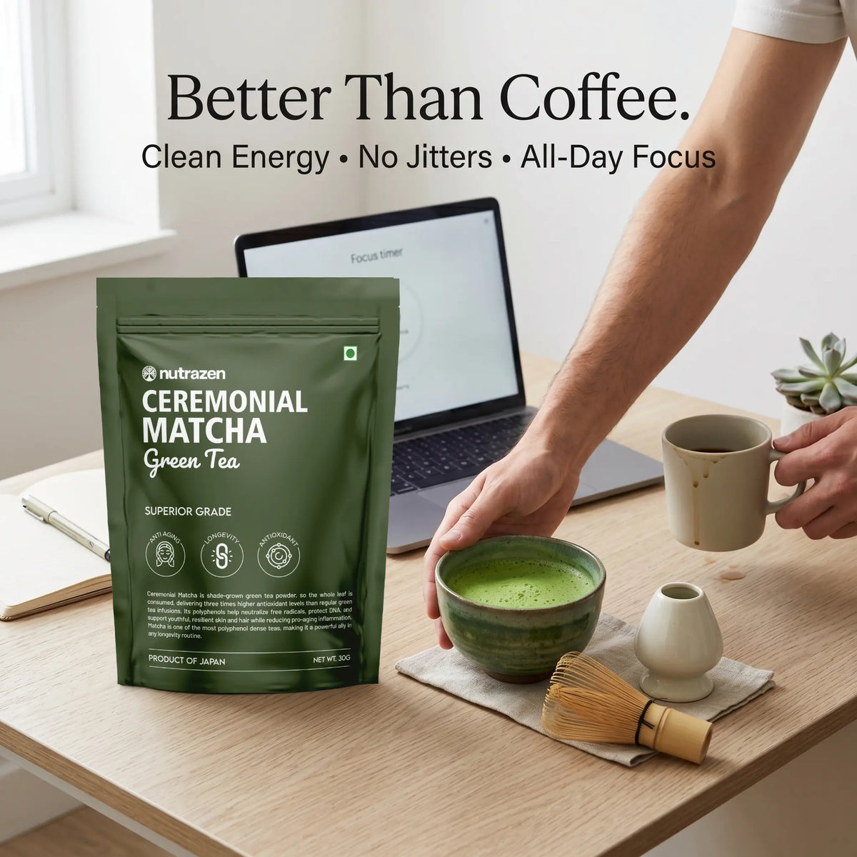 Ceremonial Matcha Green Tea package with a person making matcha tea at a desk.