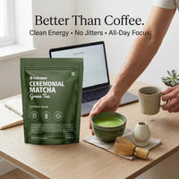 Ceremonial Matcha Green Tea package with a person making matcha tea at a desk.