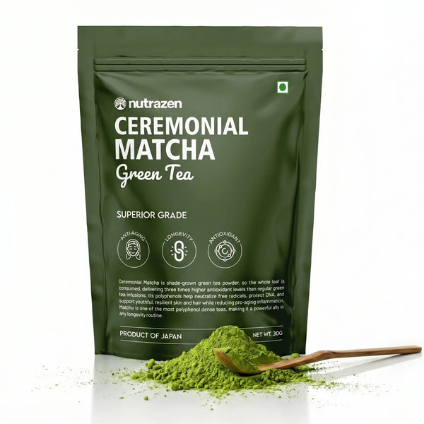 A dark green stand-up pouch of nutrazen Ceremonial Matcha Green Tea, shown with a small pile of bright green matcha powder and a wooden spoon in the foreground on a white background.