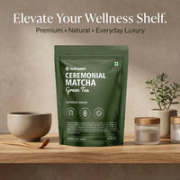 Green package of Nutrazen Ceremonial Matcha Green Tea on a wooden shelf with decor items.