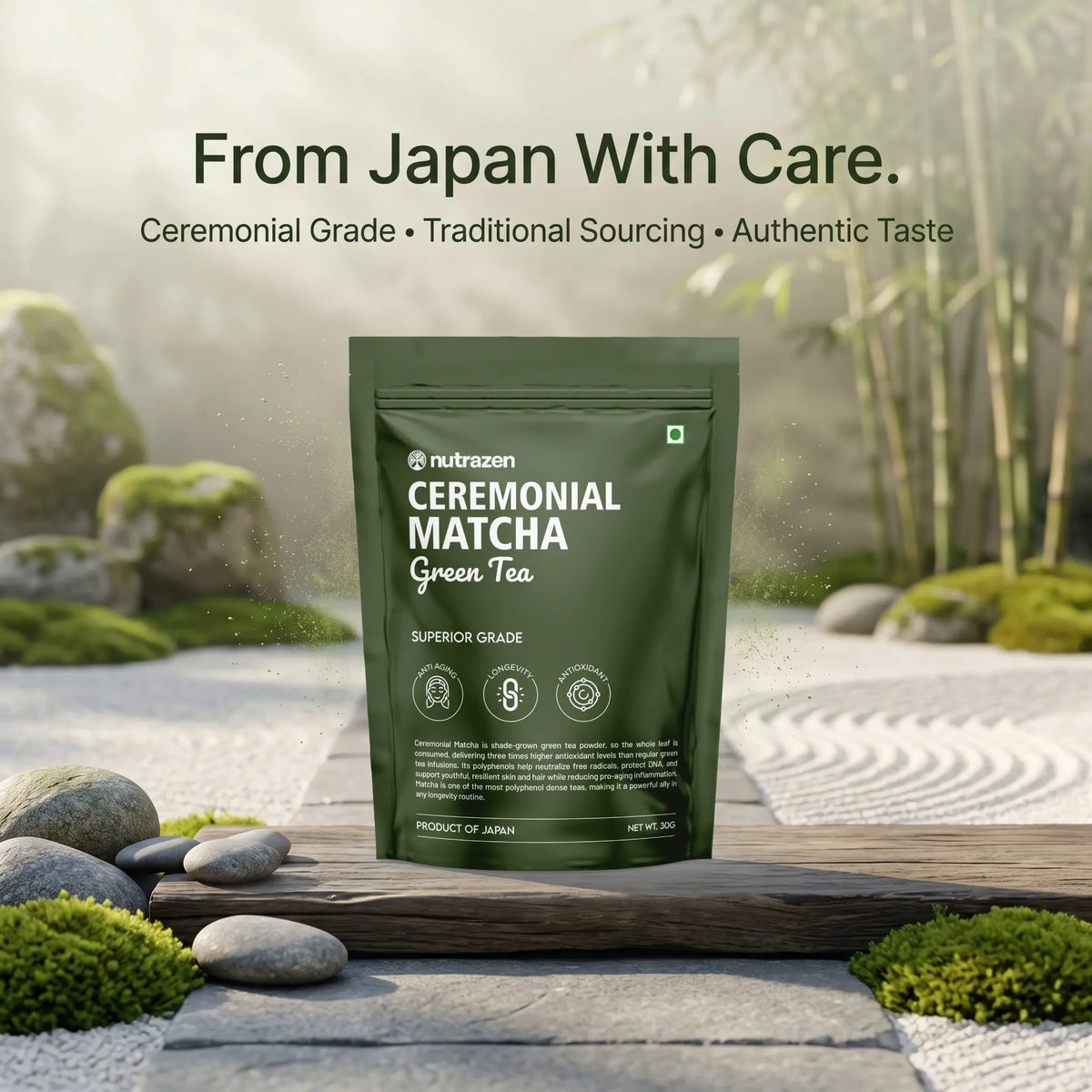 Green tea package with 'From Japan With Care' text, set against a blurred garden background.