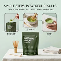 Matcha green tea packaging with steps to make matcha on a light green background
