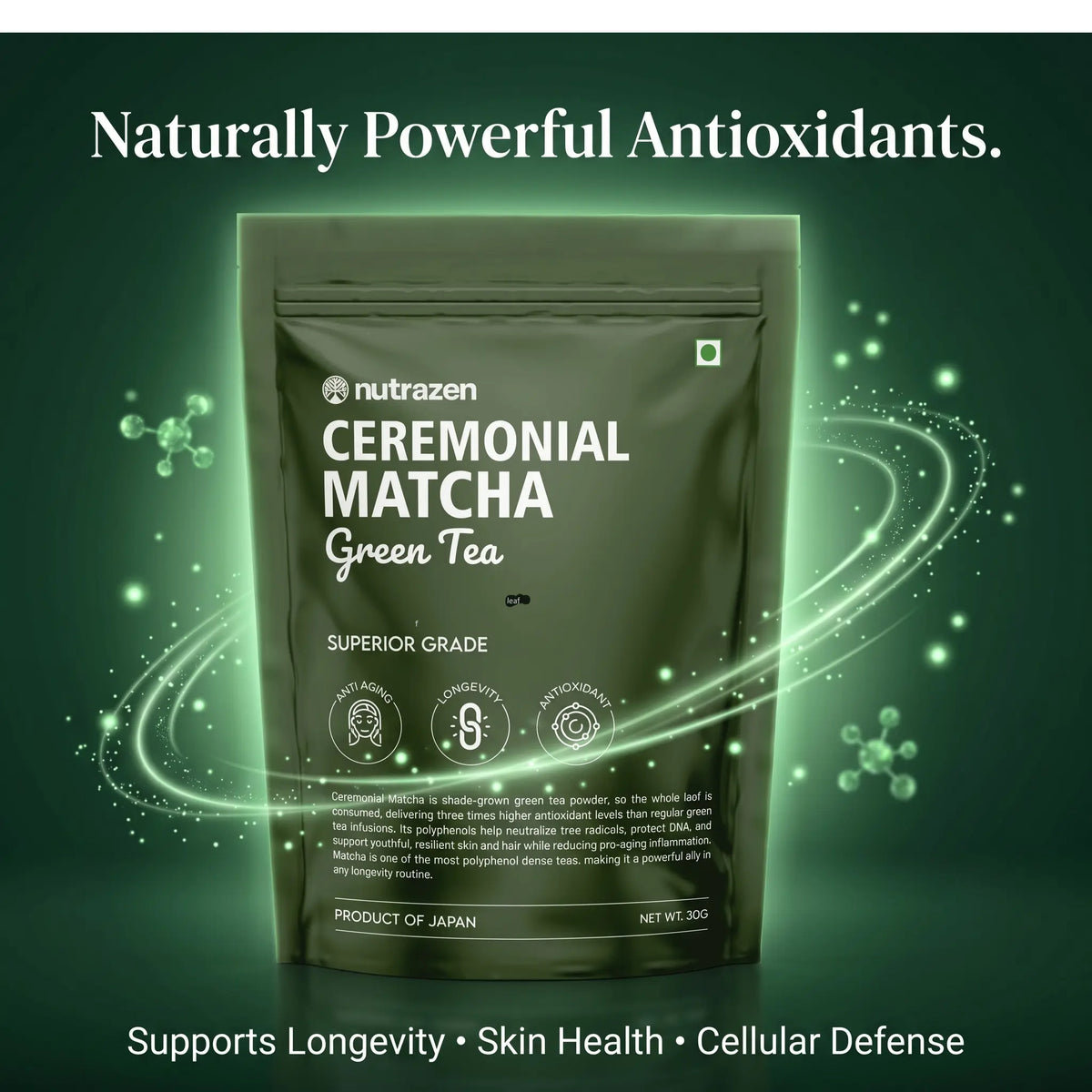 A stand-up pouch of nutrazen Ceremonial Matcha Green Tea centered on a dark green background with glowing light effects and marketing text above and below.