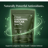 A stand-up pouch of nutrazen Ceremonial Matcha Green Tea centered on a dark green background with glowing light effects and marketing text above and below.